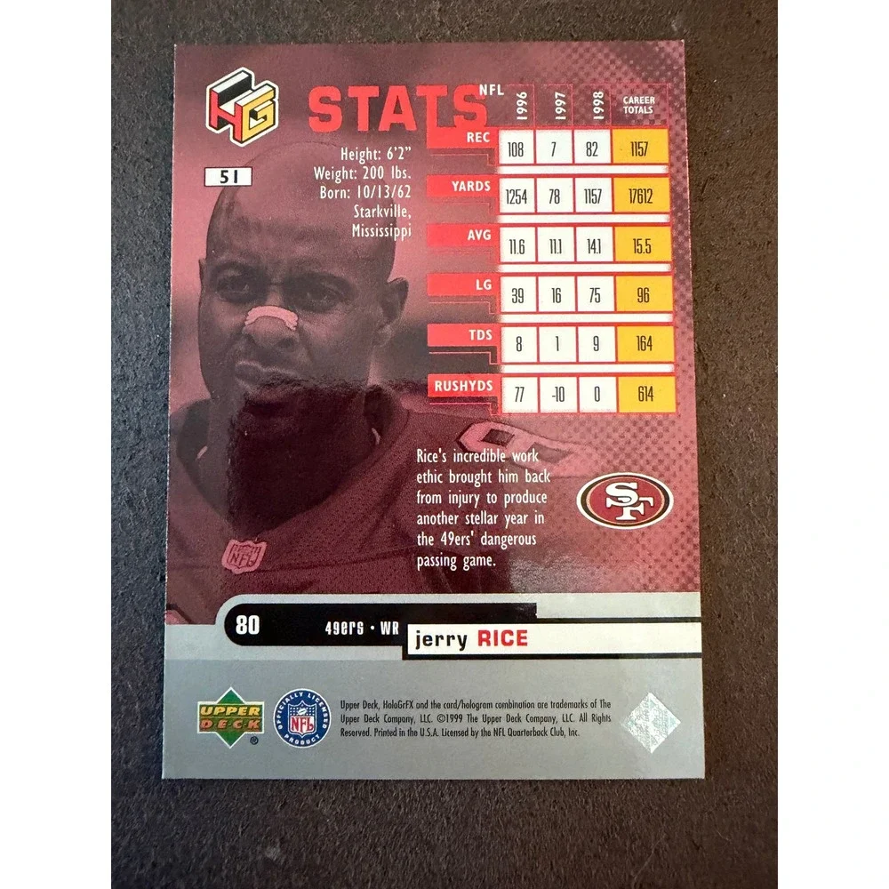 1999 Upper Deck HoloGrFX Jerry Rice 51 San Francisco 49ers NFL Football Card
